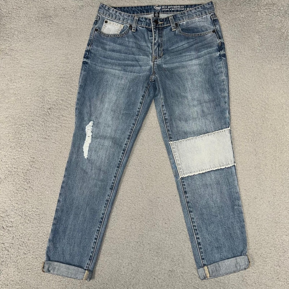 Gap Sexy Boyfriend Fit Jeans Women's 2 (30x25) Blue Denim Patched Cuff Hem Pants